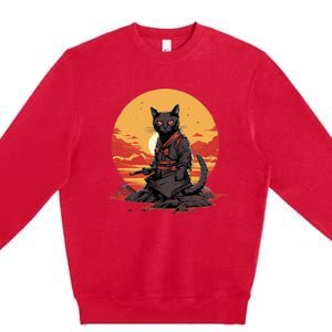 Japanese Art Cat Ninja Ukiyoe Anime Samurai Cat Premium Crewneck Sweatshirt