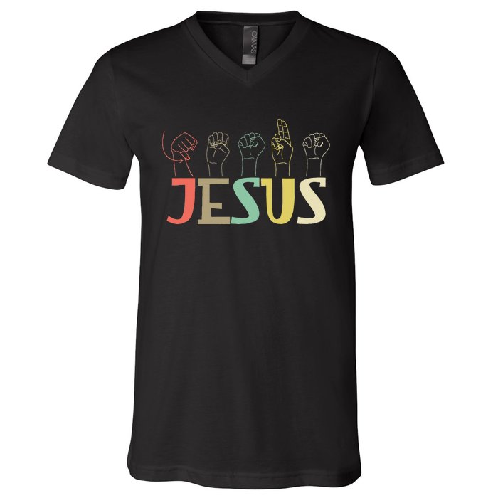 Jesus Asl Christian Deaf Dhh Asl Teacher Sign Language V-Neck T-Shirt