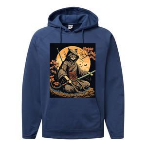 Japanese Art Cat Ninja Ukiyoe Anime Style Samurai Cat Performance Fleece Hoodie