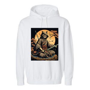 Japanese Art Cat Ninja Ukiyoe Anime Style Samurai Cat Garment-Dyed Fleece Hoodie