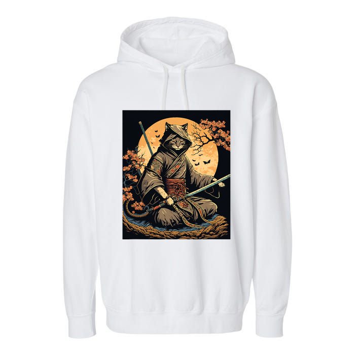 Japanese Art Cat Ninja Ukiyoe Anime Style Samurai Cat Garment-Dyed Fleece Hoodie