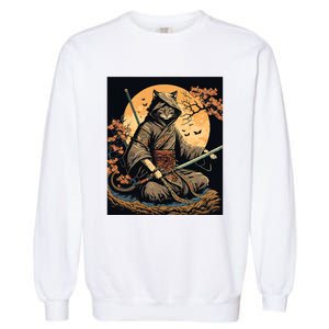 Japanese Art Cat Ninja Ukiyoe Anime Style Samurai Cat Garment-Dyed Sweatshirt