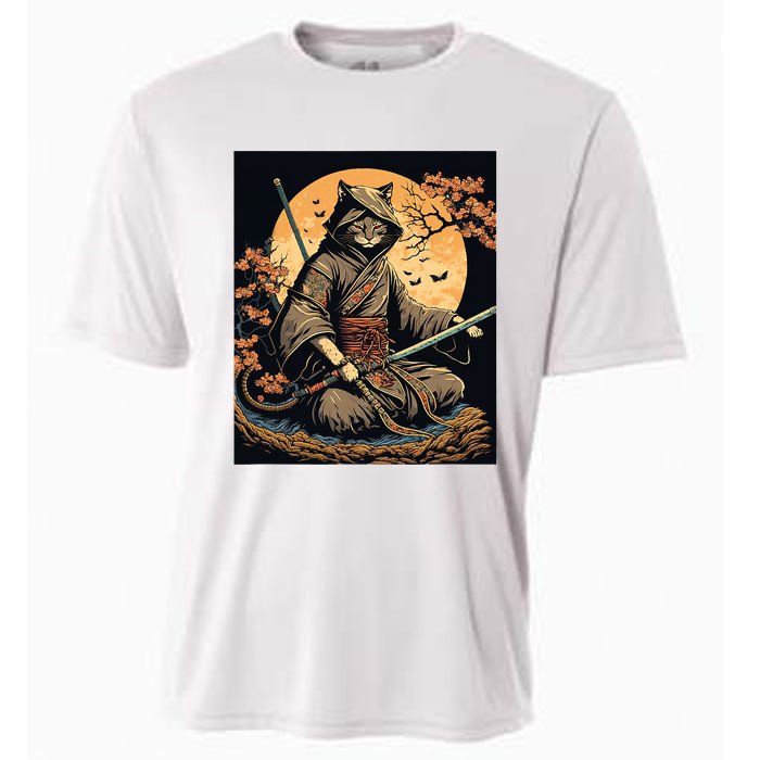 Japanese Art Cat Ninja Ukiyoe Anime Style Samurai Cat Cooling Performance Crew T-Shirt