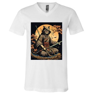 Japanese Art Cat Ninja Ukiyoe Anime Style Samurai Cat V-Neck T-Shirt