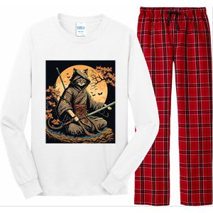 Japanese Art Cat Ninja Ukiyoe Anime Style Samurai Cat Long Sleeve Pajama Set