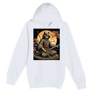 Japanese Art Cat Ninja Ukiyoe Anime Style Samurai Cat Premium Pullover Hoodie