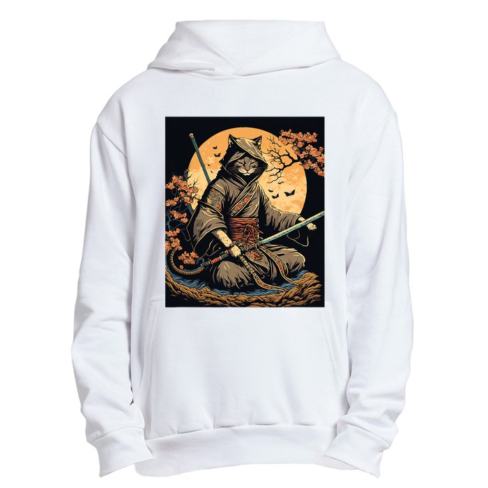 Japanese Art Cat Ninja Ukiyoe Anime Style Samurai Cat Urban Pullover Hoodie