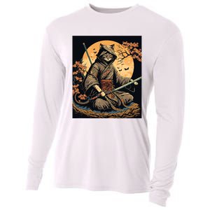 Japanese Art Cat Ninja Ukiyoe Anime Style Samurai Cat Cooling Performance Long Sleeve Crew