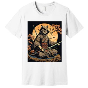 Japanese Art Cat Ninja Ukiyoe Anime Style Samurai Cat Premium T-Shirt