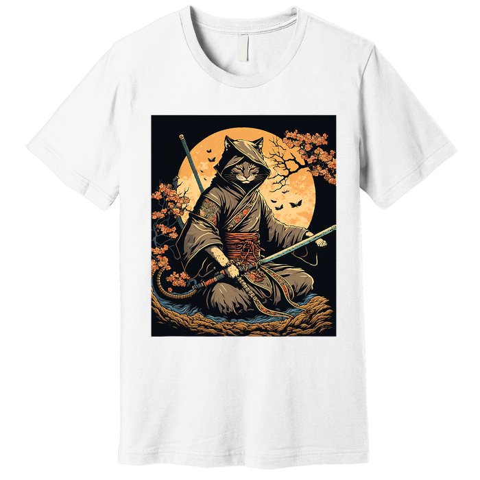 Japanese Art Cat Ninja Ukiyoe Anime Style Samurai Cat Premium T-Shirt