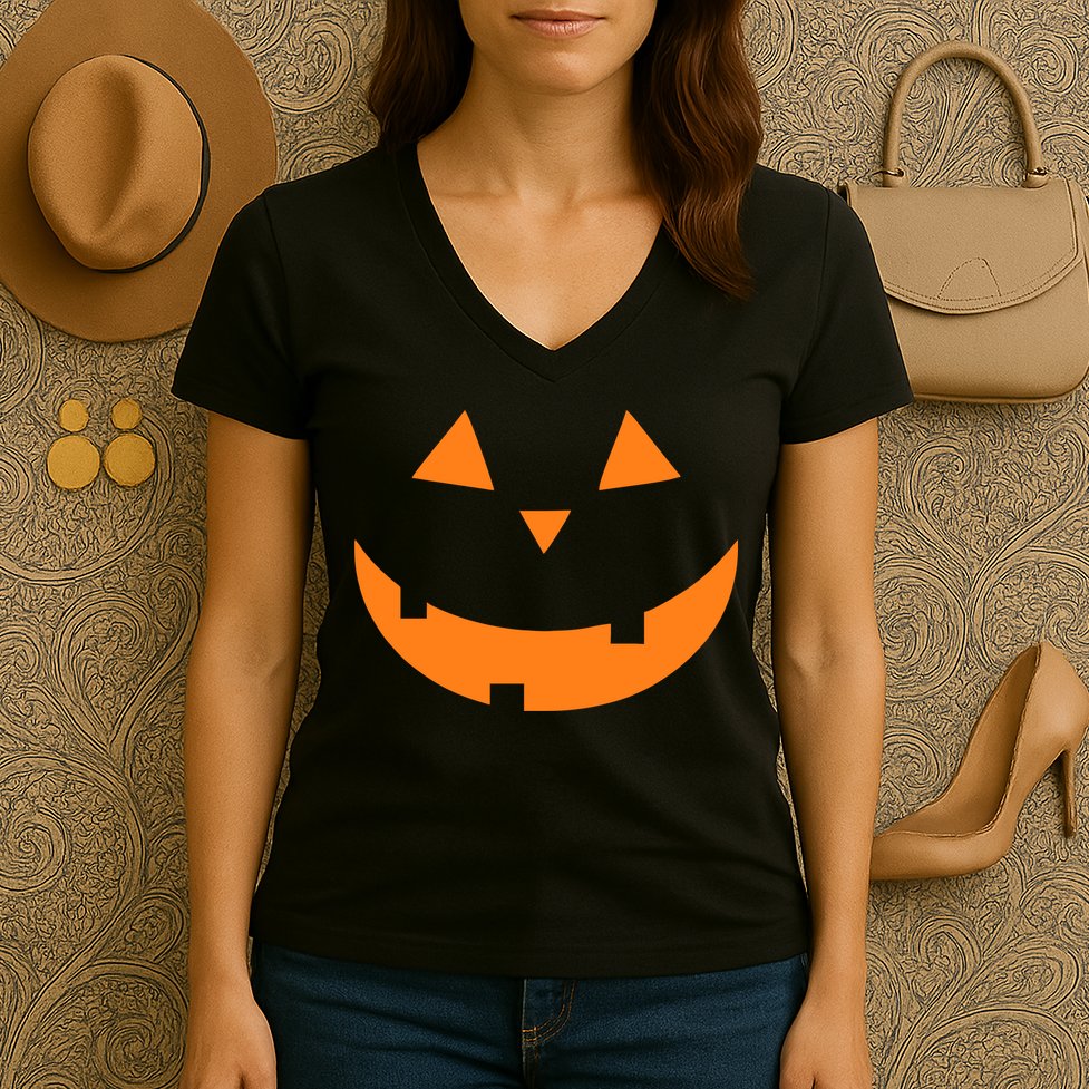 Jack o Lantern Pumpkin Face Women's V-Neck T-Shirt