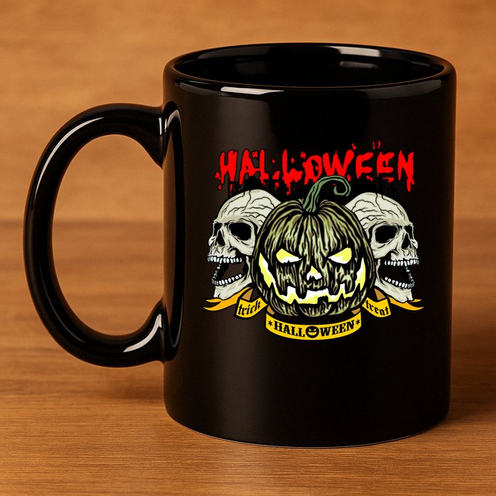 Jack o Lantern Skulls Halloween 11oz C Handle Ceramic Mug