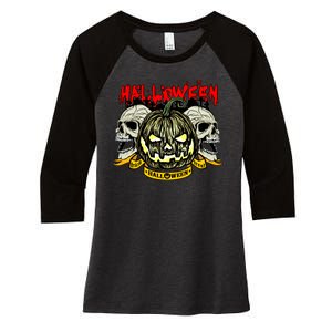 Jack o Lantern Skulls Halloween Women's Tri-Blend 3/4-Sleeve Raglan Shirt