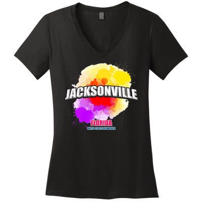 Jacksonville Colorful Retro Logo Women's V-Neck T-Shirt