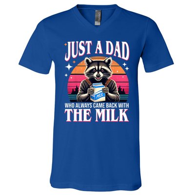 Just A Dad Who Always Came Back With The Milk Funny Raccoon V-Neck T-Shirt