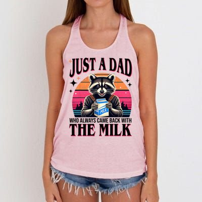 Just A Dad Who Always Came Back With The Milk Funny Raccoon Women's Knotted Racerback Tank