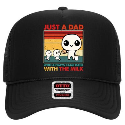 Just A Dad Who Always Came Back With The Milk Retro Father High Crown Mesh Back Trucker Hat