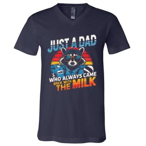 Just A Dad Who Always Came Back With The Milk Funny Raccoon V-Neck T-Shirt