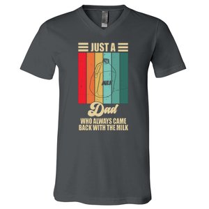 Just A Dad Who Always Came Back With The Milk Funny Retro V-Neck T-Shirt