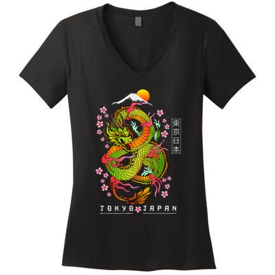 Japanese Aesthetic Dragon Tokyo Japan Asian 80’s Manga Anime Women's V-Neck T-Shirt