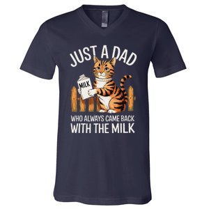 Just A Dad Who Always Came Back With The Milk Funny Cat Art V-Neck T-Shirt