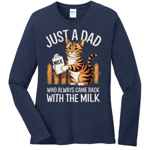 Just A Dad Who Always Came Back With The Milk Funny Cat Art Ladies Long Sleeve Shirt