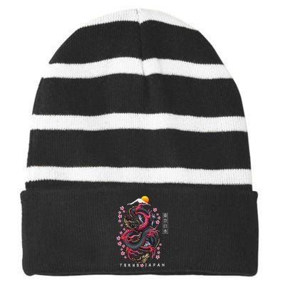 Japanese Aesthetic Dragon Tokyo Japan Manga Anime Asian 80’s Striped Beanie with Solid Band