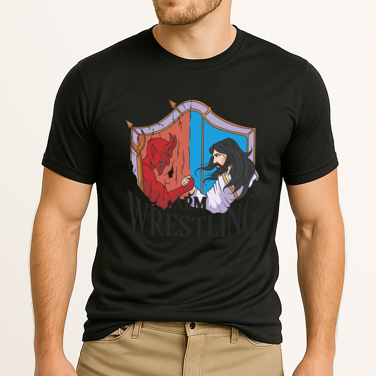 Jesus And Devil Arm Wrestling Cooling Performance Crew T-Shirt