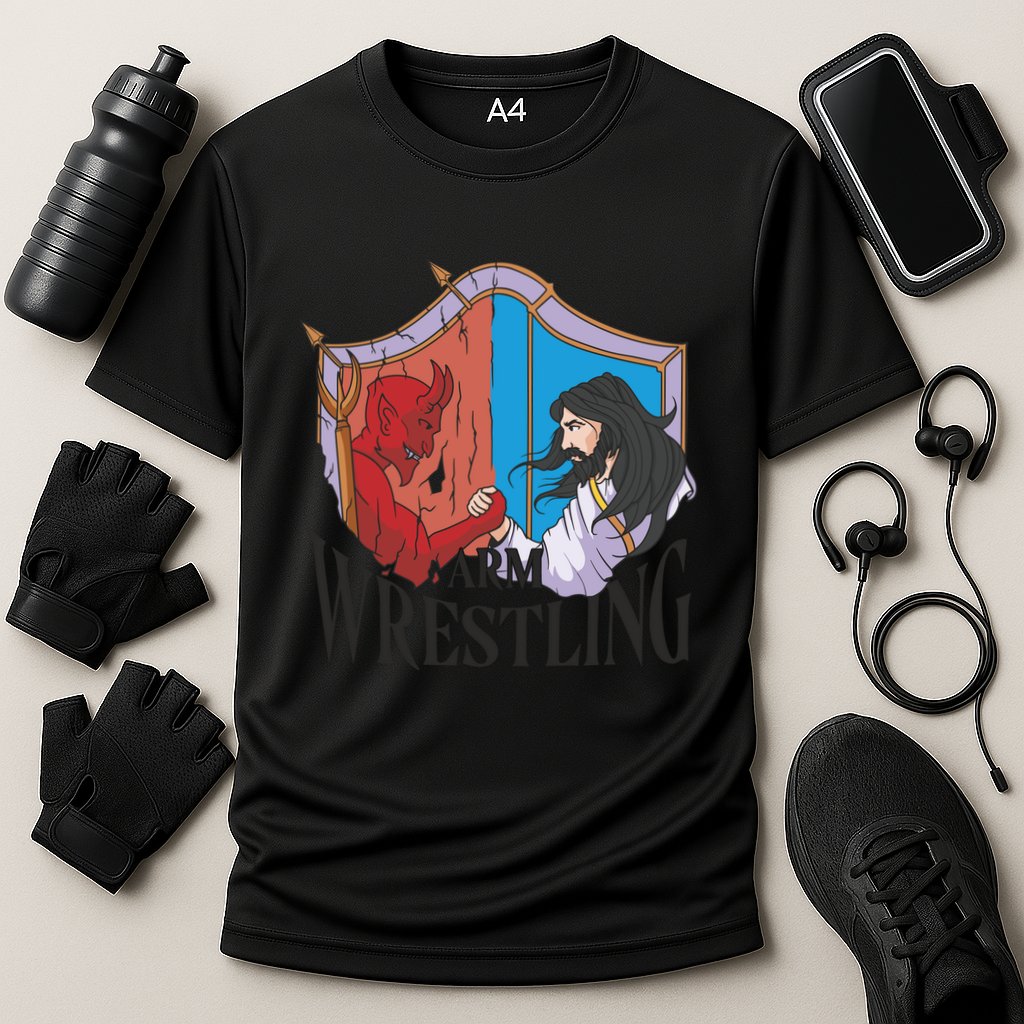 Jesus And Devil Arm Wrestling Cooling Performance Crew T-Shirt