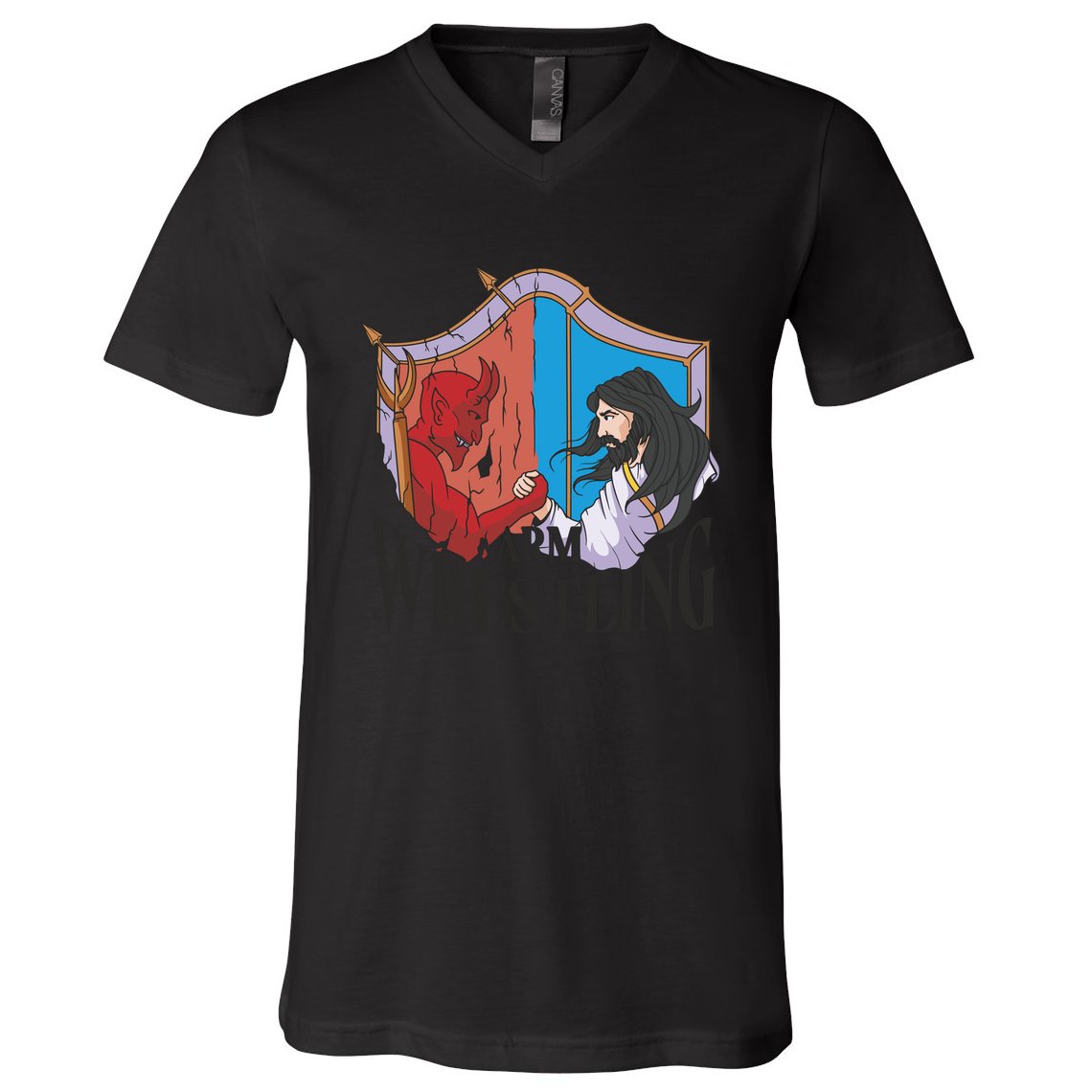 Jesus And Devil Arm Wrestling V-Neck T-Shirt