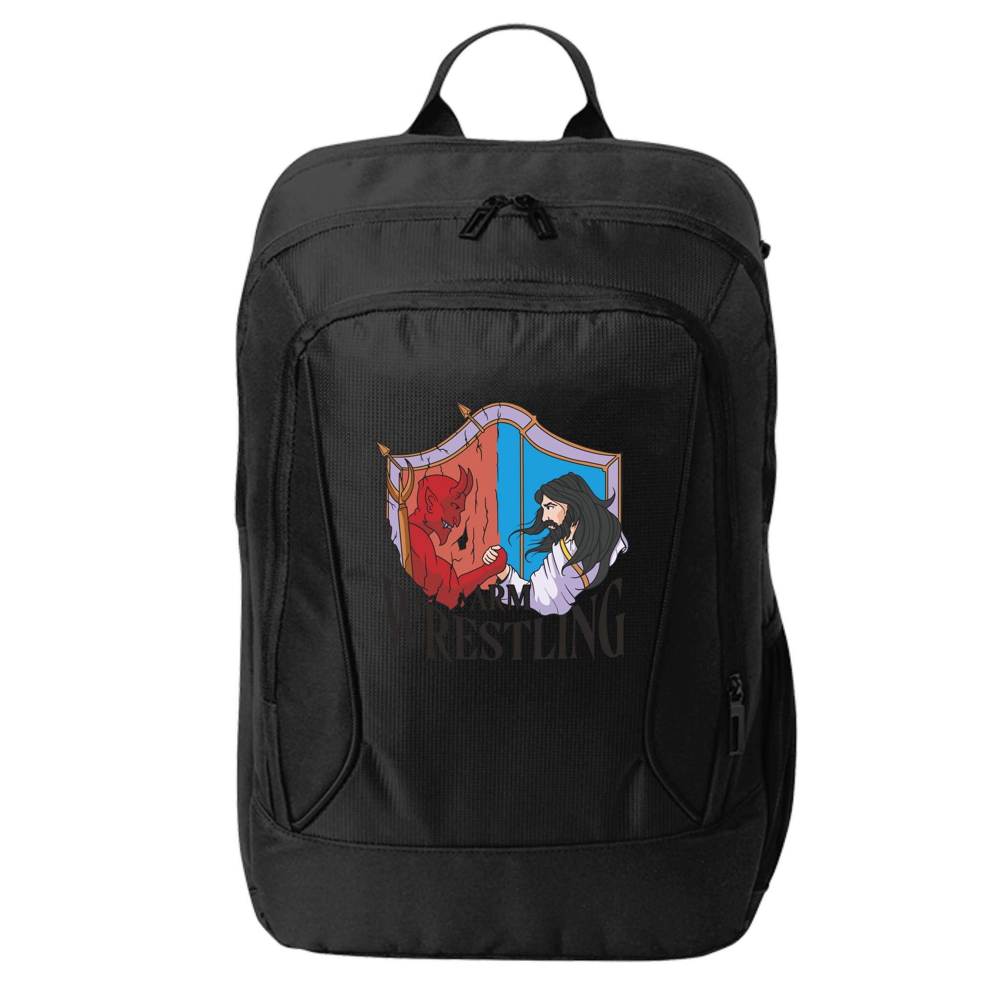 Jesus And Devil Arm Wrestling City Backpack