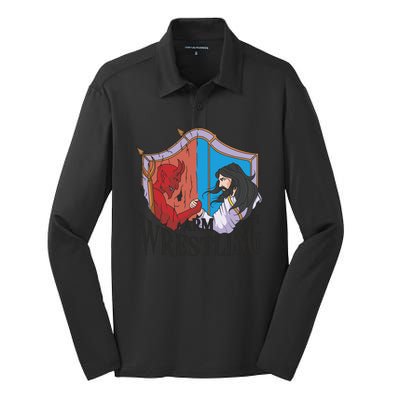 Jesus And Devil Arm Wrestling Silk Touch Performance Long Sleeve Polo