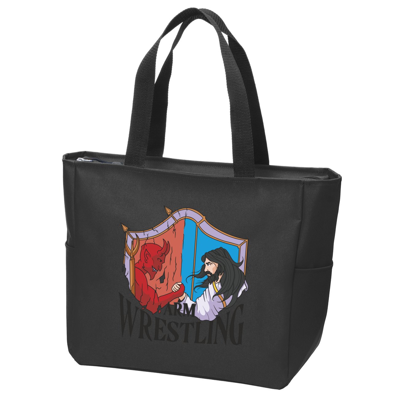 Jesus And Devil Arm Wrestling Zip Tote Bag