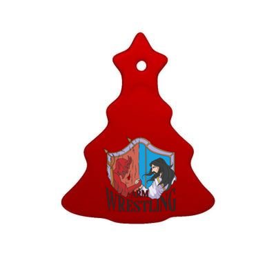 Jesus And Devil Arm Wrestling Ceramic Tree Ornament