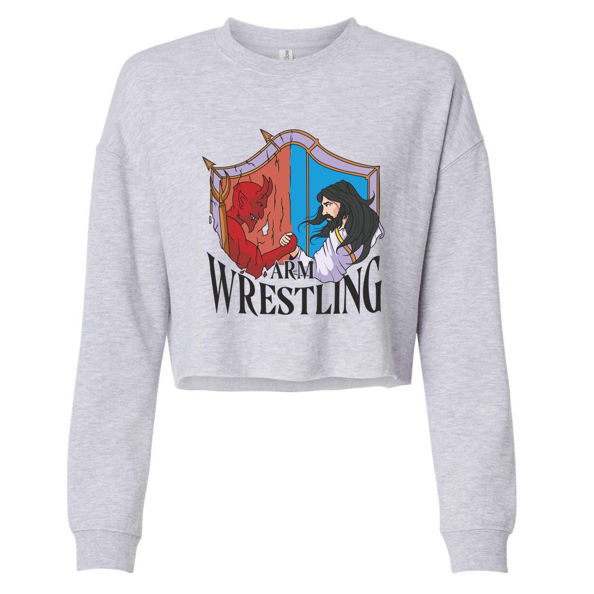 Jesus And Devil Arm Wrestling Cropped Pullover Crew