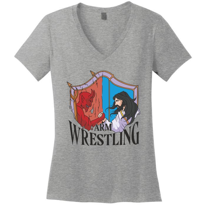Jesus And Devil Arm Wrestling Women's V-Neck T-Shirt