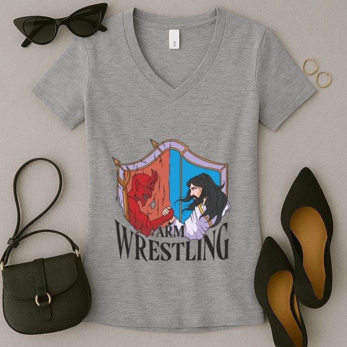 Jesus And Devil Arm Wrestling Women's V-Neck T-Shirt