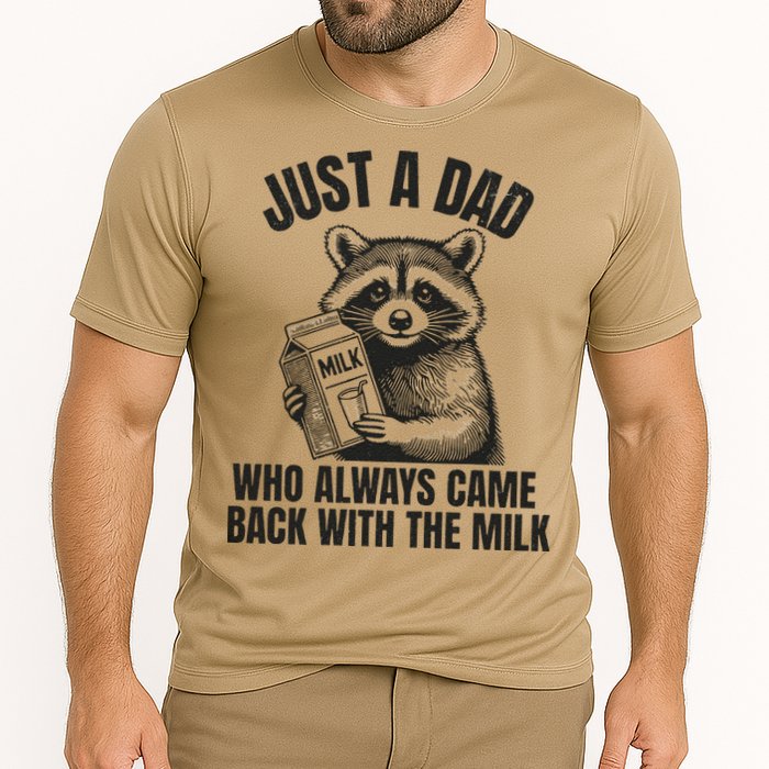 Just A Dad Who Came Back With The Milk FatherS Day Raccoon Cooling Performance Crew T-Shirt