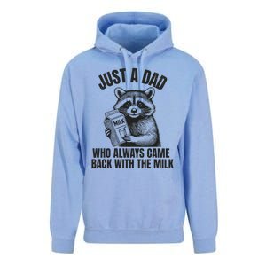 Just A Dad Who Came Back With The Milk FatherS Day Raccoon Unisex Surf Hoodie