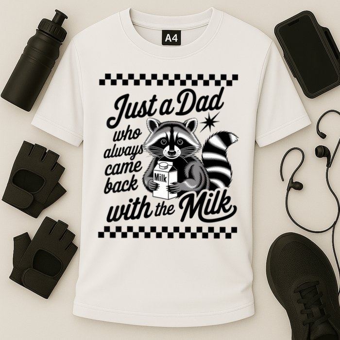 Just A Dad Who Always Came Back With The Milk Raccoon Funny Cooling Performance Crew T-Shirt