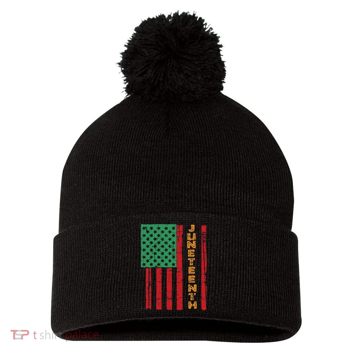 Juneteenth American Flag Pom Pom 12in Knit Beanie
