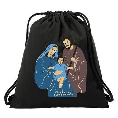 Jesus And Family Invite You To Celebrate Christmas Drawstring Bag