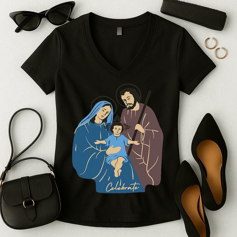 Jesus And Family Invite You To Celebrate Christmas Women's V-Neck T-Shirt