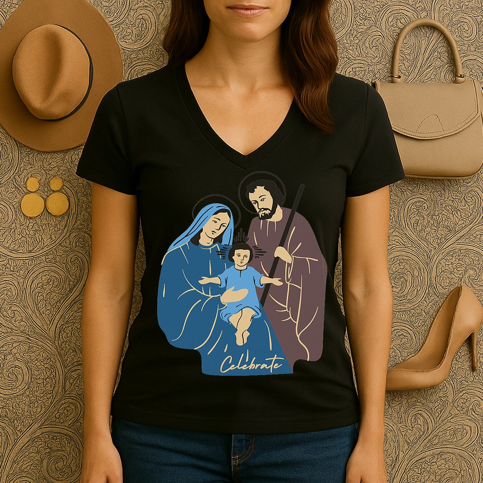 Jesus And Family Invite You To Celebrate Christmas Women's V-Neck T-Shirt
