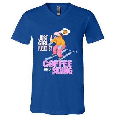 Just A Fueled By Coffee And Skiing Ski Gift V-Neck T-Shirt