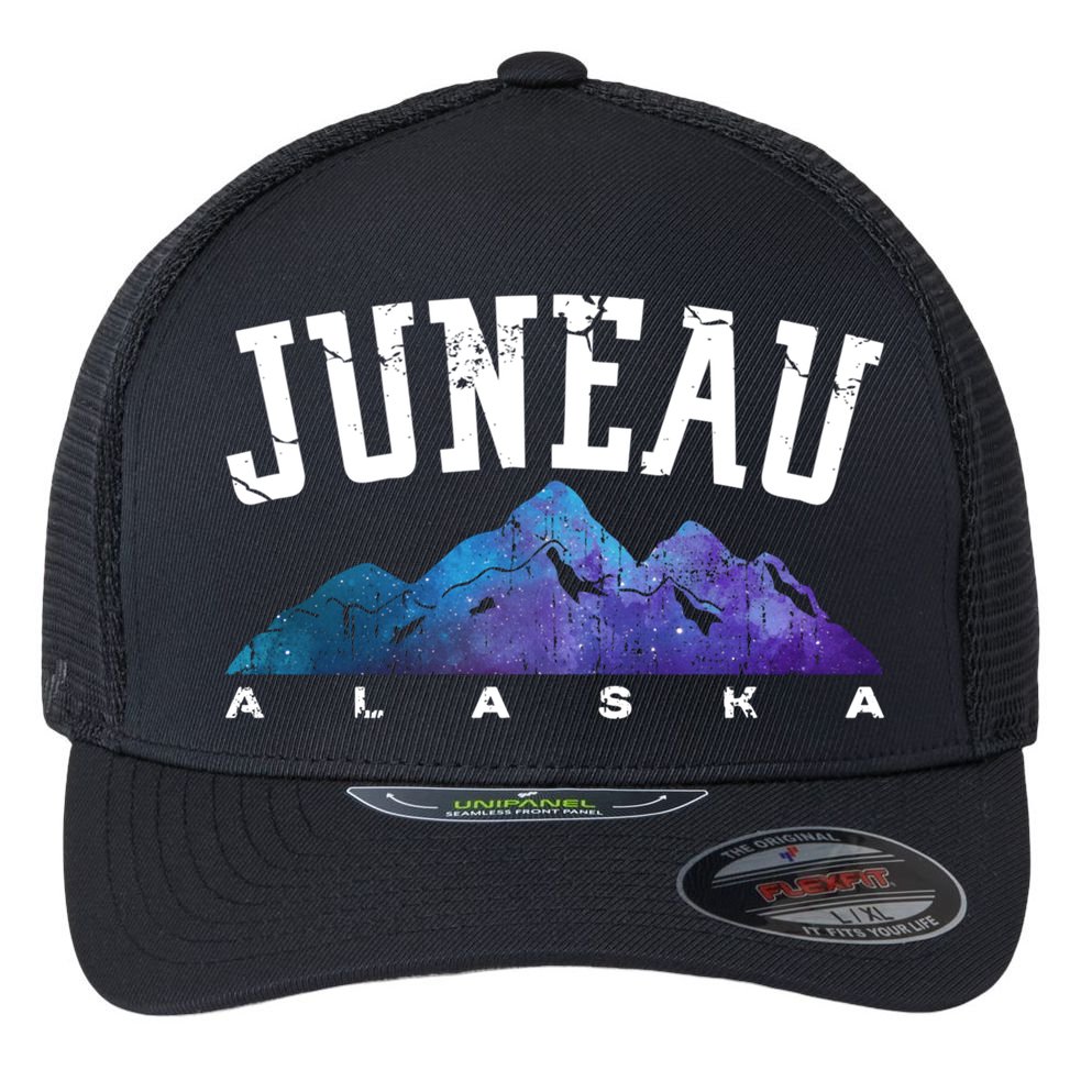 Juneau Alaska Family Mountain Hiking Camping Hunting Trip Gift Flexfit Unipanel Trucker Cap