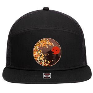 Japanese Autumn Fall Leaves Pagodas 7 Panel Mesh Trucker Snapback Hat