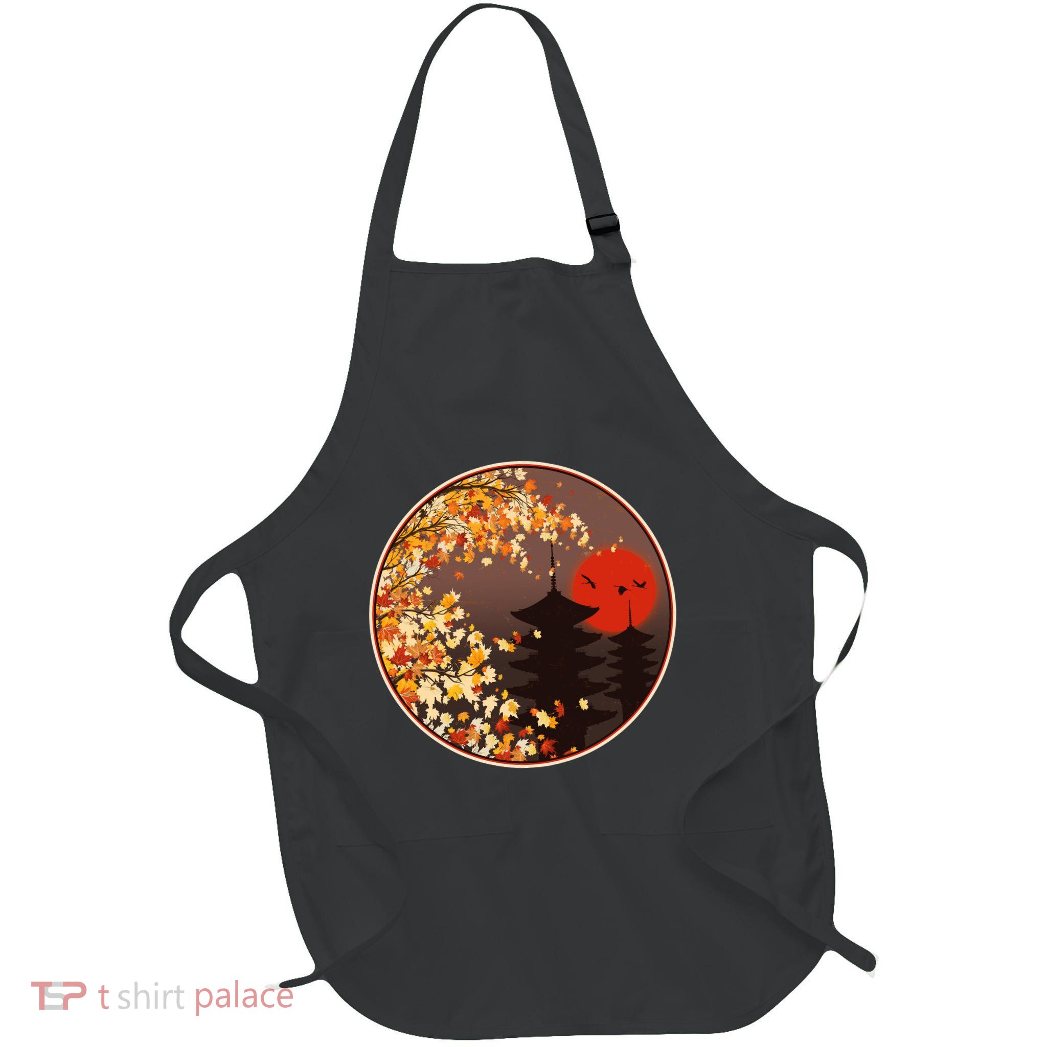 Japanese Autumn Fall Leaves Pagodas Full-Length Apron With Pockets