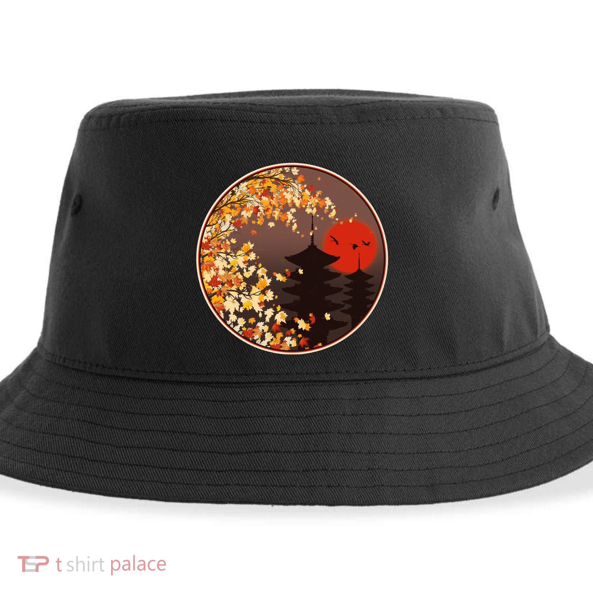 Japanese Autumn Fall Leaves Pagodas Sustainable Bucket Hat