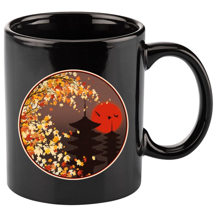 Japanese Autumn Fall Leaves Pagodas 11oz C Handle Ceramic Mug